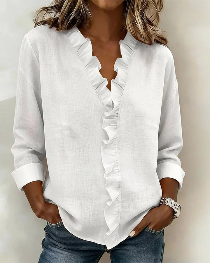 Indiene Blouse - Ruffles, V-Neck and Long Sleeves