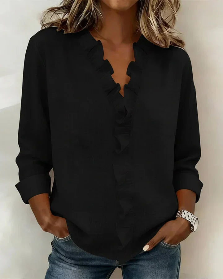 Indiene Blouse - Ruffles, V-Neck and Long Sleeves