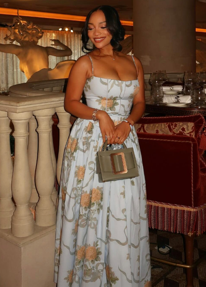 Alessia Bloom Midi Dress – Soft Blue Floral