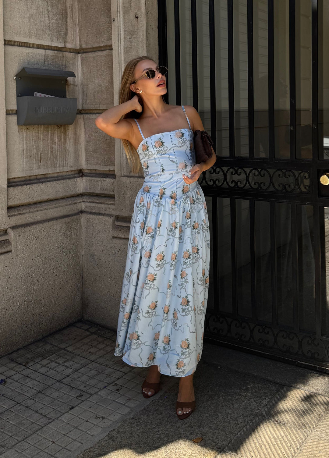 Alessia Bloom Midi Dress – Soft Blue Floral